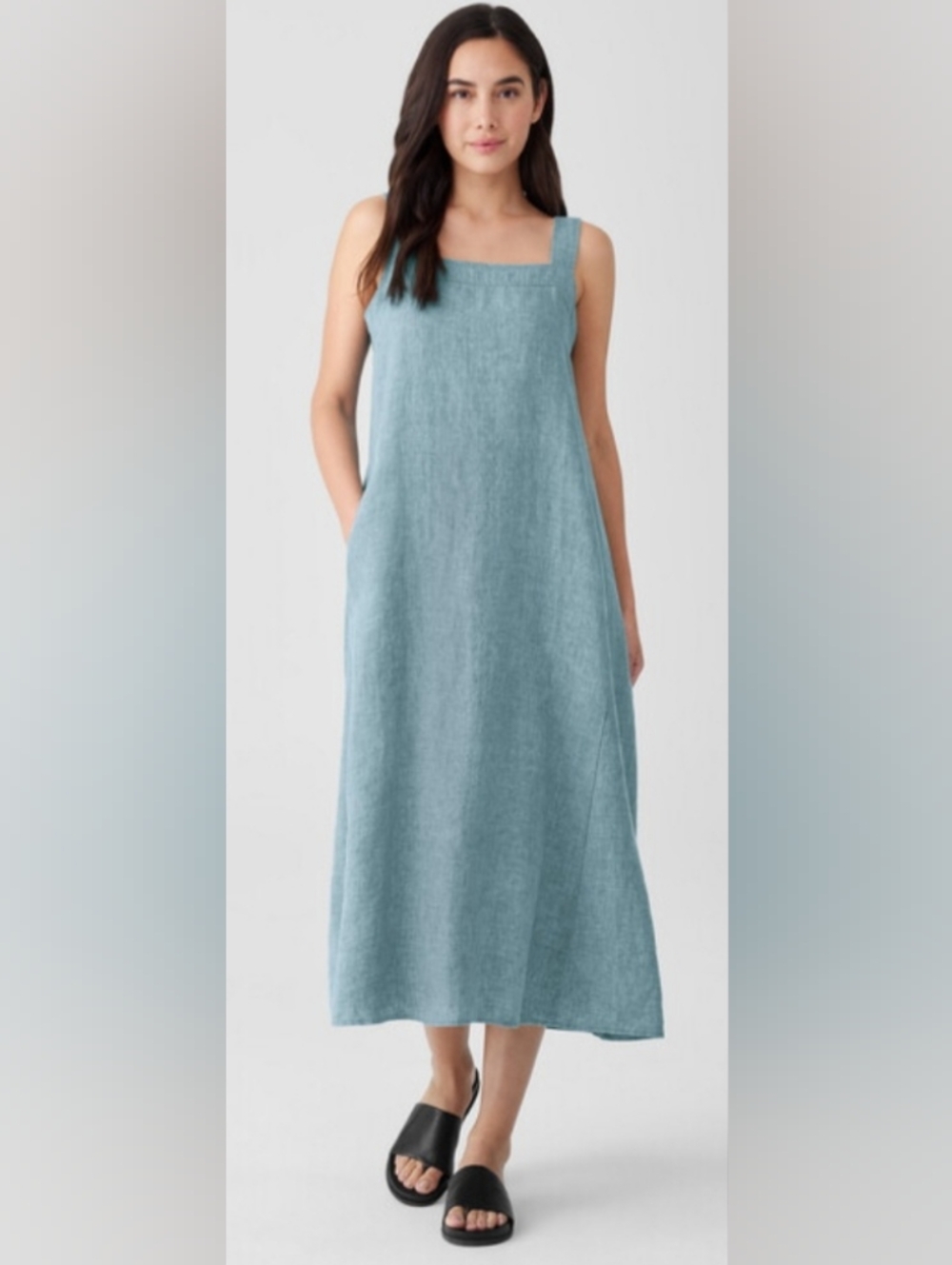 EILEEN FISHER washed Organic Linen Delave Squar neck Dress Sz1X
